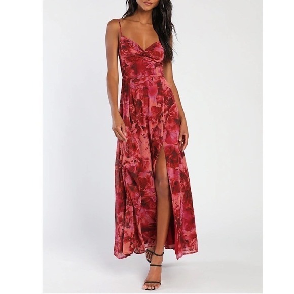Lulus Dresses & Skirts - Lulus Beautiful Soul Maxi Dress Womens Medium Burgundy Floral Print Twist-Front